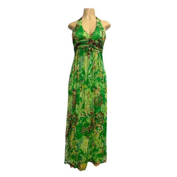 Sue Wong Dress Maxi A Line Halter V Neck Green Gold Floral Lined Chiffon 4 S - Picture 1 of 8